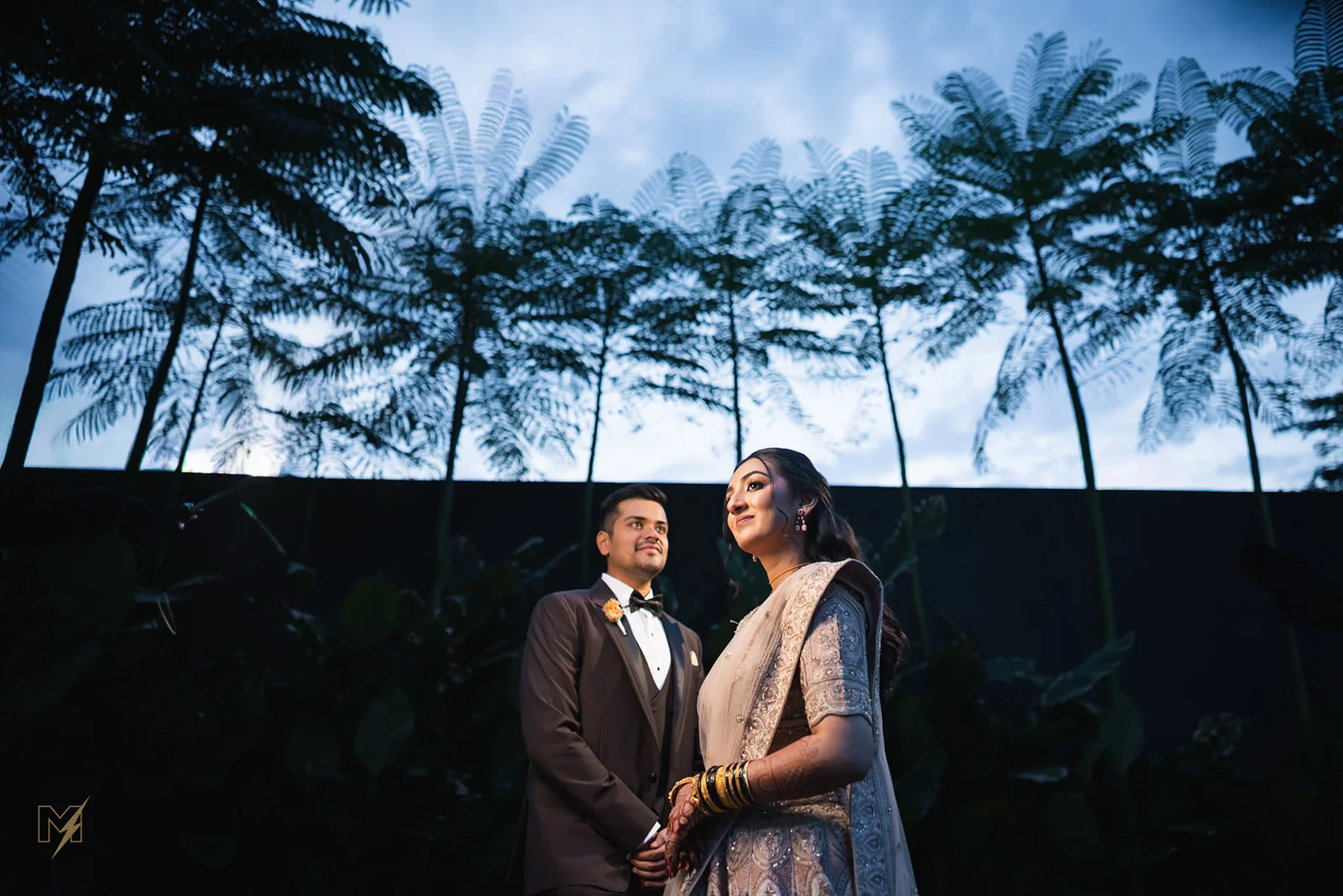 Indian bride and groom posing outdoors at twilight beneath tall palm trees and open sky.
